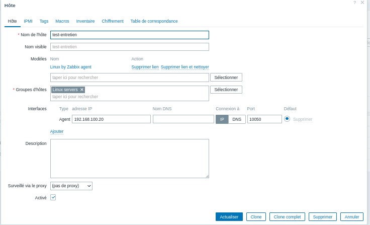 Paramétrage hôte Linux dans Zabbix